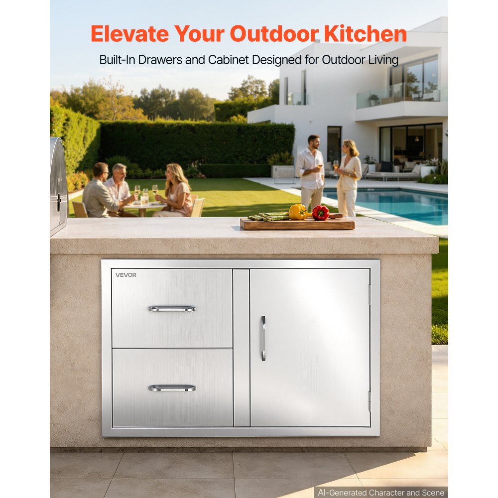VEVOR Outdoor Kitchen Drawer Combo, 82 x 55 x 52 cm (WxHxD), 2 Drawers, for BBQ Island Storage, Patio Bars and Grill Station, with Handle, Built-In BBQ Island Drawers Organize Cookware Accessories