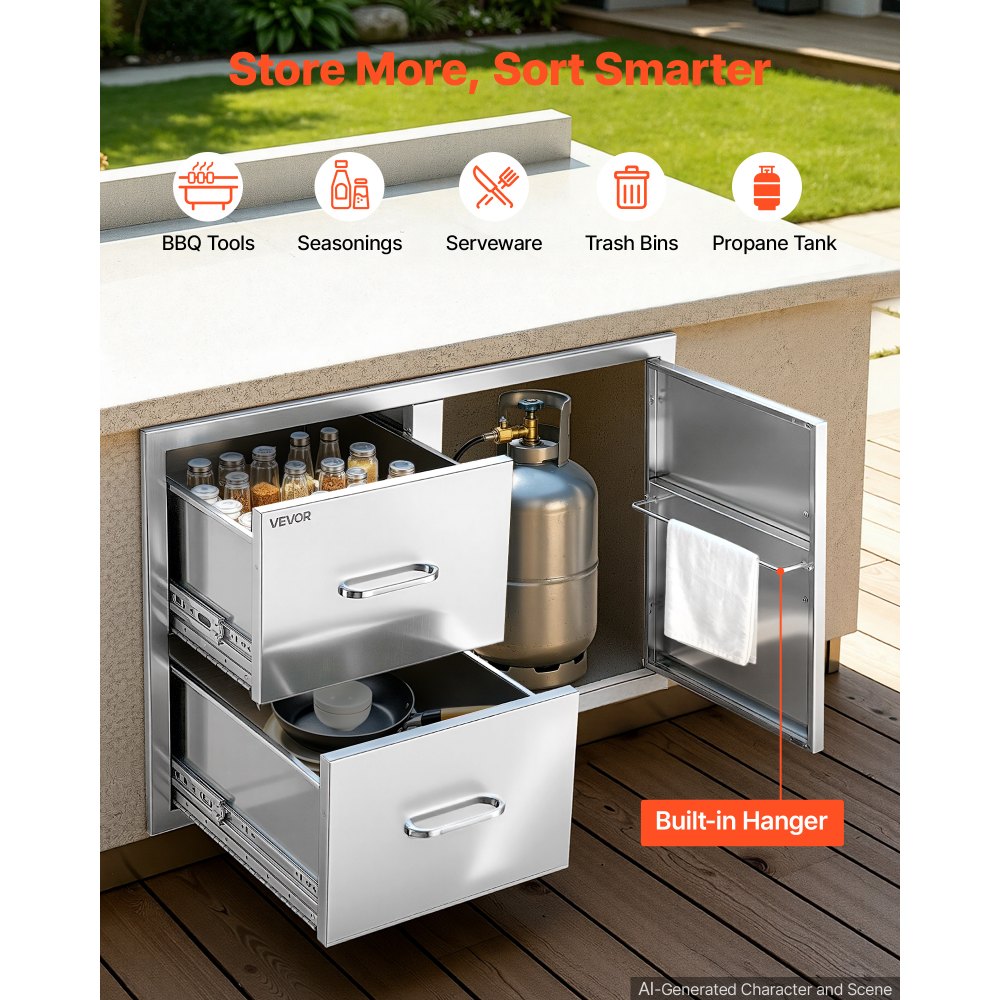 VEVOR Outdoor Kitchen Drawer Combo, 82 x 55 x 52 cm (WxHxD), 2 Drawers, for BBQ Island Storage, Patio Bars and Grill Station, with Handle, Built-In BBQ Island Drawers Organize Cookware Accessories