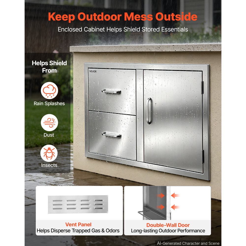 VEVOR Outdoor Kitchen Drawer Combo, 82 x 55 x 52 cm (WxHxD), 2 Drawers, for BBQ Island Storage, Patio Bars and Grill Station, with Handle, Built-In BBQ Island Drawers Organize Cookware Accessories