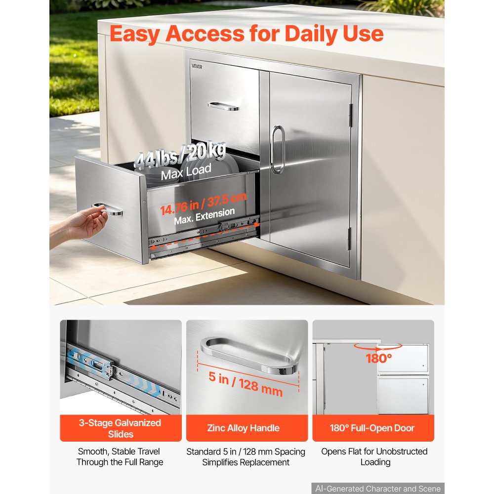 VEVOR Outdoor Kitchen Drawer Combo, 82 x 55 x 52 cm (WxHxD), 2 Drawers, for BBQ Island Storage, Patio Bars and Grill Station, with Handle, Built-In BBQ Island Drawers Organize Cookware Accessories