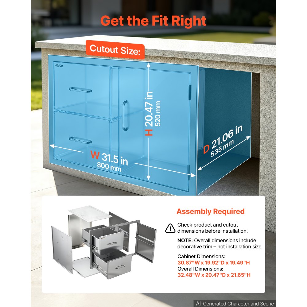 VEVOR Outdoor Kitchen Drawer Combo, 82 x 55 x 52 cm (WxHxD), 2 Drawers, for BBQ Island Storage, Patio Bars and Grill Station, with Handle, Built-In BBQ Island Drawers Organize Cookware Accessories