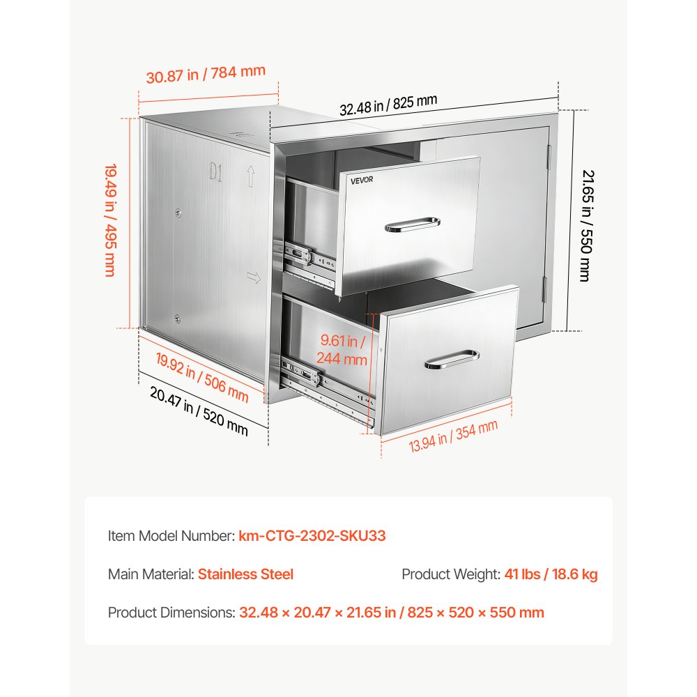 VEVOR Outdoor Kitchen Drawer Combo, 82 x 55 x 52 cm (WxHxD), 2 Drawers, for BBQ Island Storage, Patio Bars and Grill Station, with Handle, Built-In BBQ Island Drawers Organize Cookware Accessories