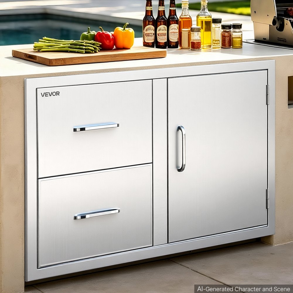 VEVOR Outdoor Kitchen Drawer Combo, 82 x 55 x 52 cm (WxHxD), 2 Drawers, for BBQ Island Storage, Patio Bars and Grill Station, with Handle, Built-In BBQ Island Drawers Organize Cookware Accessories