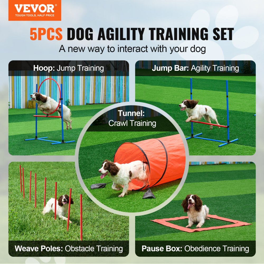 VEVOR Dog Agility Training Equipment, 5 PCS Combination Set with Adjustable High Hurdles,6 Weave Poles, Tunnel, Jump Ring, Pause Box, Whistle, Foldable Bowl, Puppy Obstacle Course Kit with 2 Bags