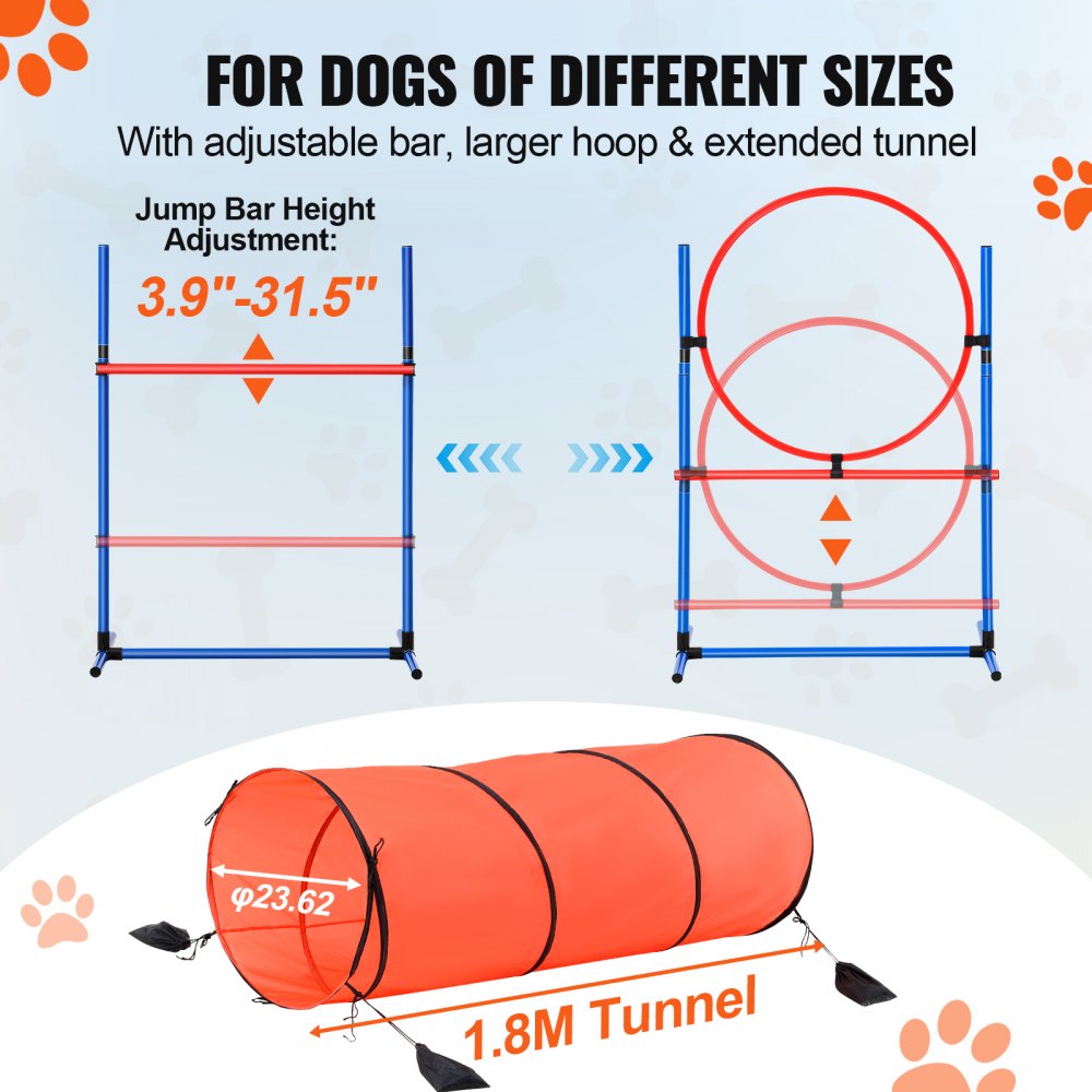 VEVOR Dog Agility Training Equipment, 5 PCS Combination Set with Adjustable High Hurdles,6 Weave Poles, Tunnel, Jump Ring, Pause Box, Whistle, Foldable Bowl, Puppy Obstacle Course Kit with 2 Bags
