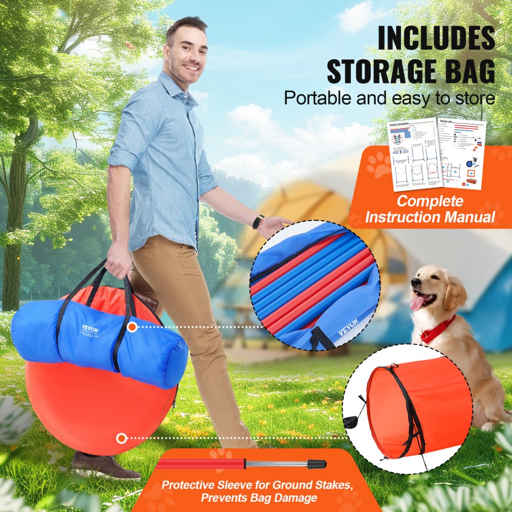 VEVOR Dog Agility Training Equipment, 5 PCS Combination Set with Adjustable High Hurdles,6 Weave Poles, Tunnel, Jump Ring, Pause Box, Whistle, Foldable Bowl, Puppy Obstacle Course Kit with 2 Bags