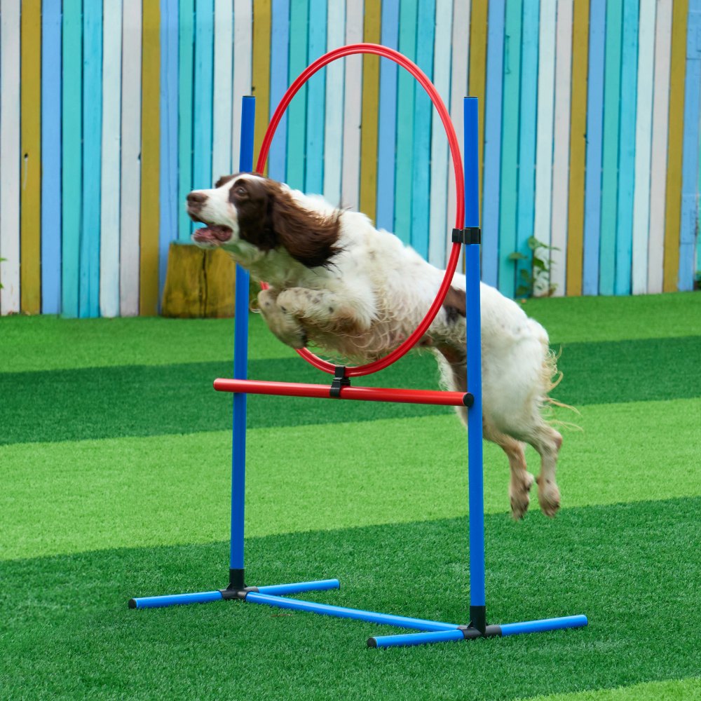 VEVOR Dog Agility Training Equipment, 5 PCS Combination Set with Adjustable High Hurdles,6 Weave Poles, Tunnel, Jump Ring, Pause Box, Whistle, Foldable Bowl, Puppy Obstacle Course Kit with 2 Bags