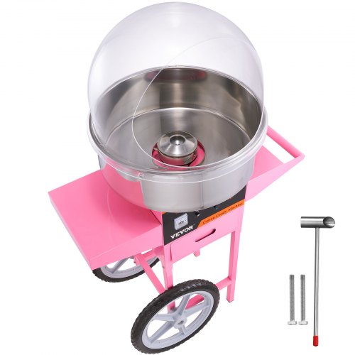 VEVOR Electric Cotton Candy Machine Cart with Bubble Cover Shield, 1000W Commercial Floss Maker with Stainless Steel Bowl, Sugar Scoop and Drawer, Perfect for Home, Kids Birthday, Family Party, Pink