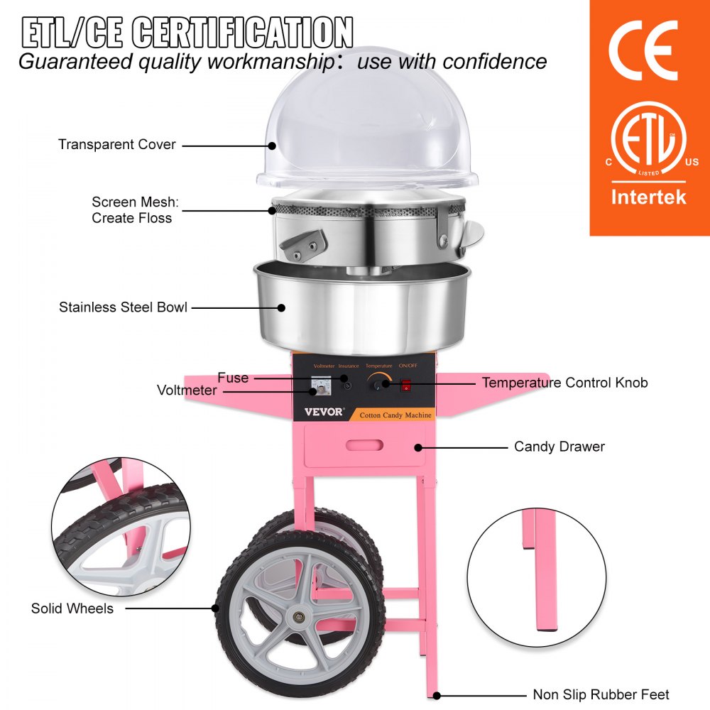 VEVOR Commercial Cotton Candy Machine with Cart & Cover Sugar Floss Maker 1000W