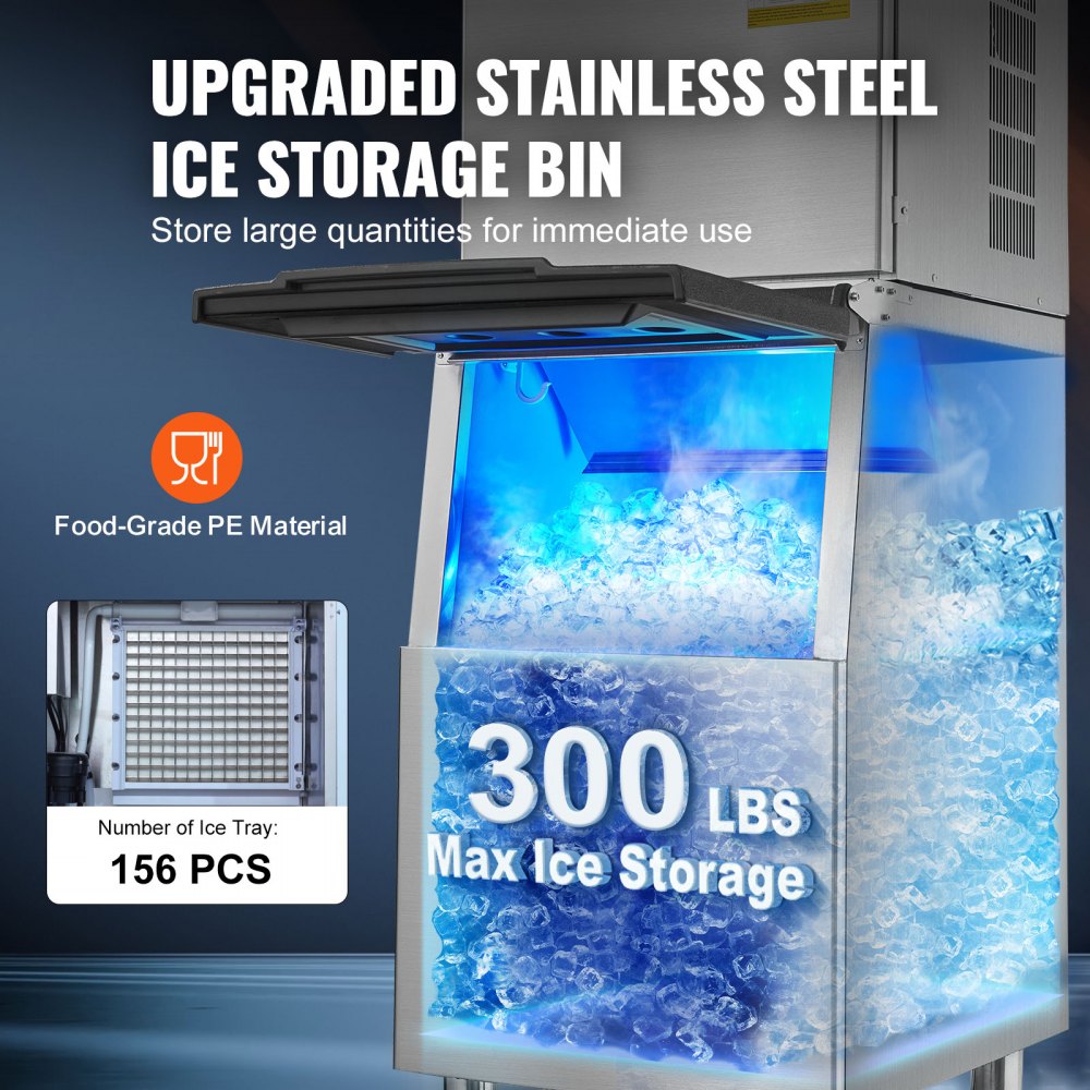 VEVOR Commercial Ice Maker 400LBS/24H & 300LBS Storage Bin Auto Self-Cleaning