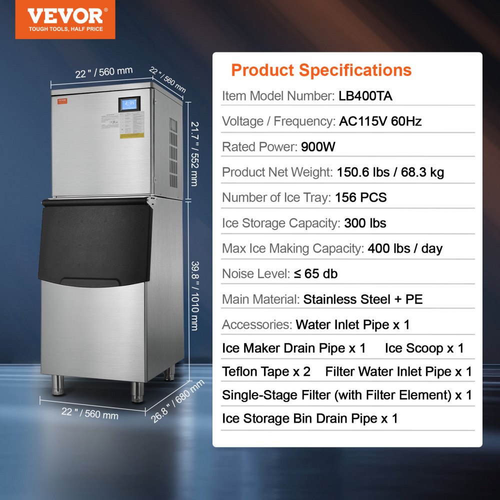 VEVOR Commercial Ice Maker 400LBS/24H & 300LBS Storage Bin Auto Self-Cleaning