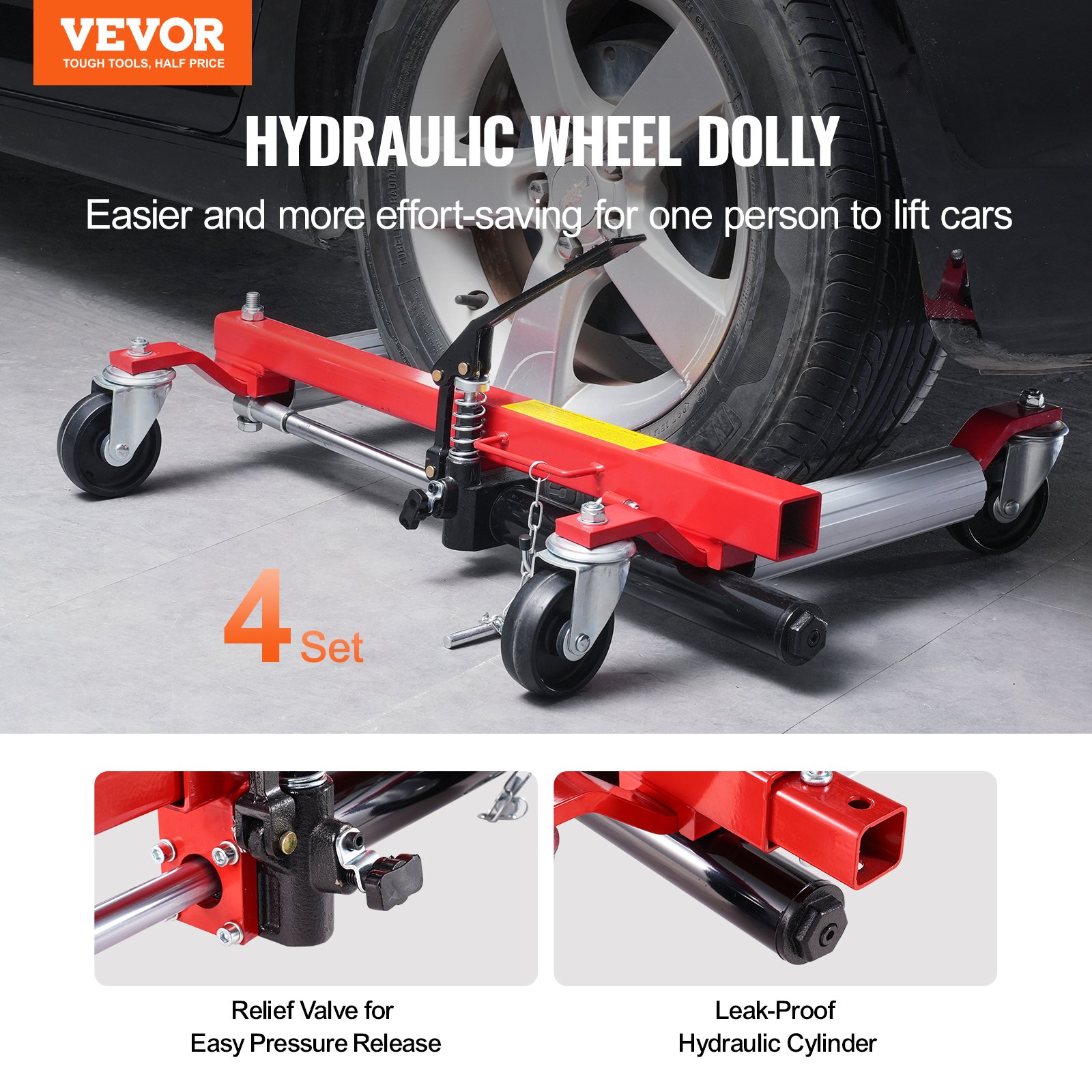 VEVOR Wheel Dolly, Max Capacity 1500 Lbs Car Dolly, Car Jack Dolly Lifter with 360° Rotatable Wheels, Heavy Duty Vehicle Positioning Hydraulic Tire Jack, for Vehicle Car Auto Repair Moving, Set of 4