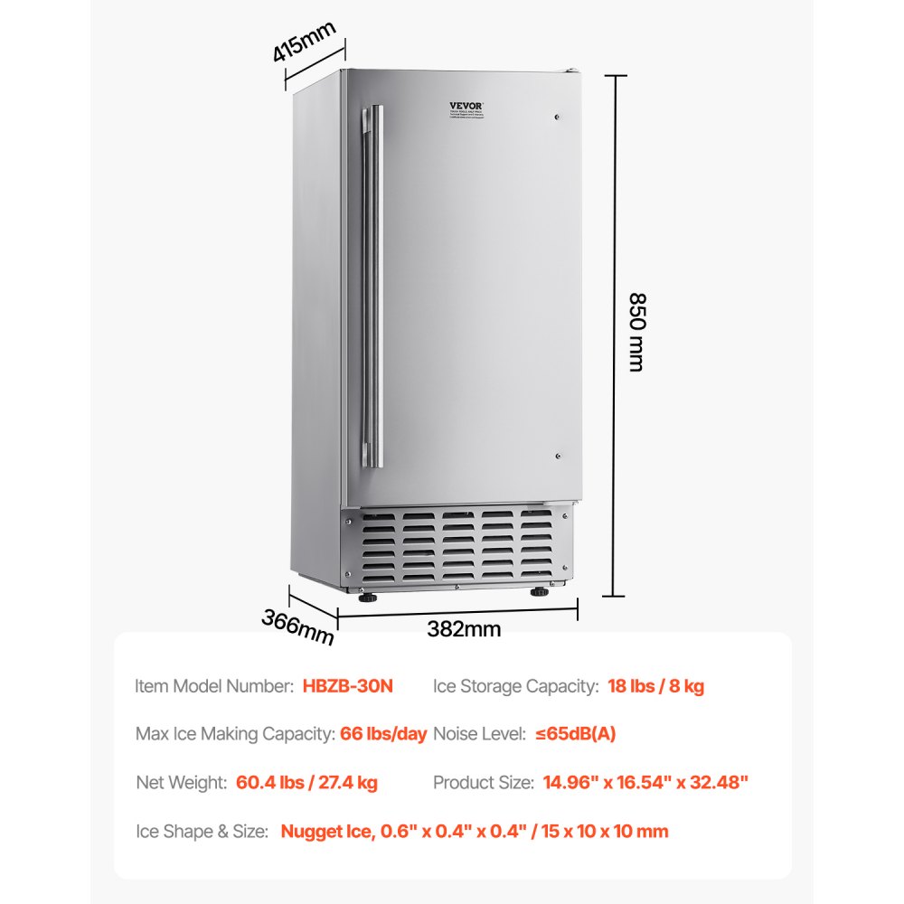 VEVOR Undercounter Built-in Ice Maker, 66 Lbs/Day Under Counter Nugget Ice Maker Machine with Drain Pump Reversible Door Stainless Steel, Freestanding Ice Maker for Commercial Home Kitchen
