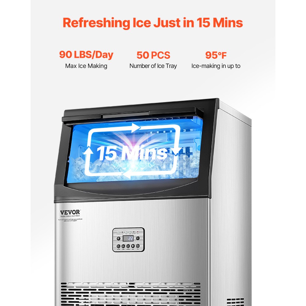 VEVOR 90lbs/24H Commercial Ice Maker Machine, 33lbs Storage Capacity Ice Maker with Drain Pump, 50 Ice Cubes in 15 Minutes, LED Digital Display Freestanding Self-Cleaning for Bar Office Restaurant