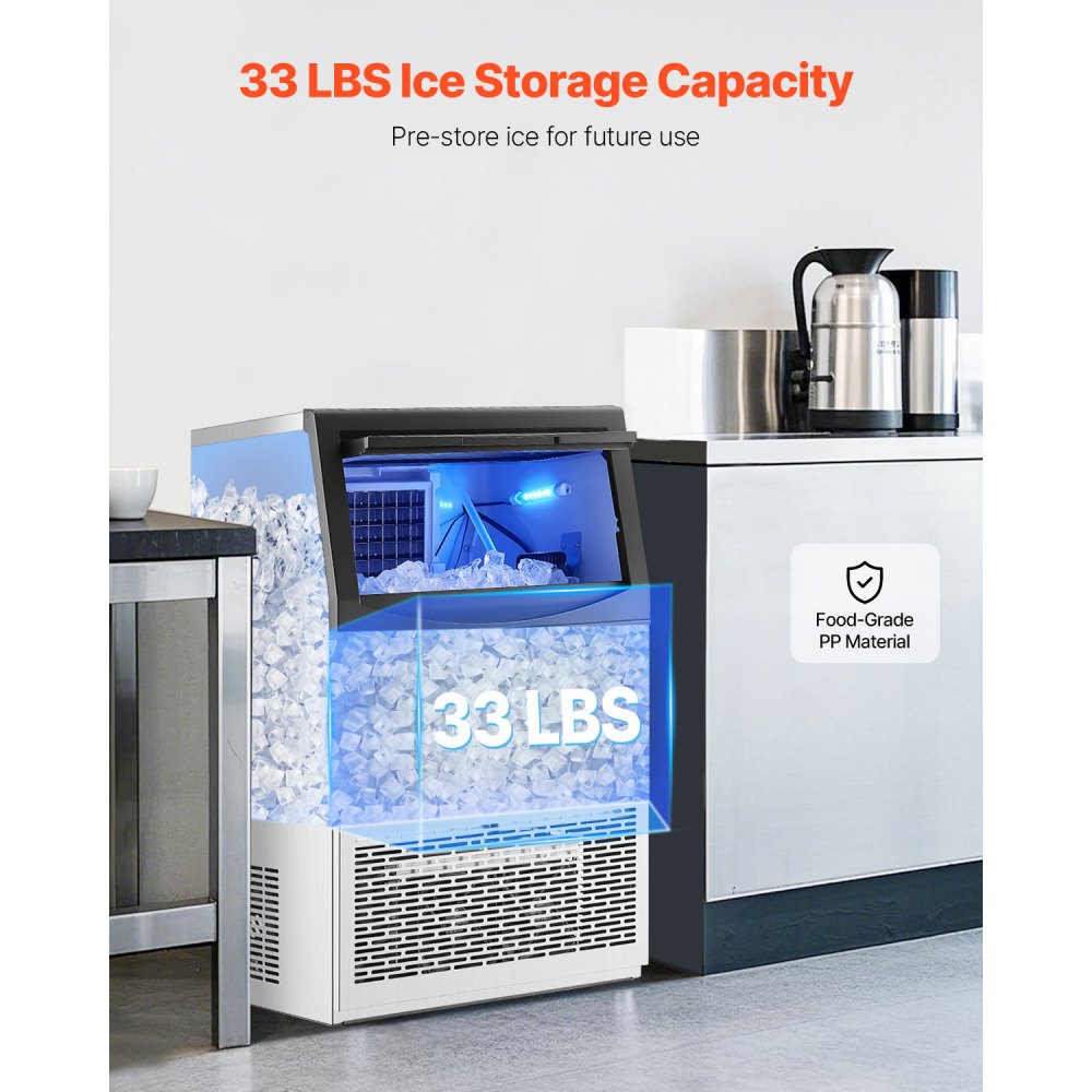 VEVOR 90lbs/24H Commercial Ice Maker Machine, 33lbs Storage Capacity Ice Maker with Drain Pump, 50 Ice Cubes in 15 Minutes, LED Digital Display Freestanding Self-Cleaning for Bar Office Restaurant