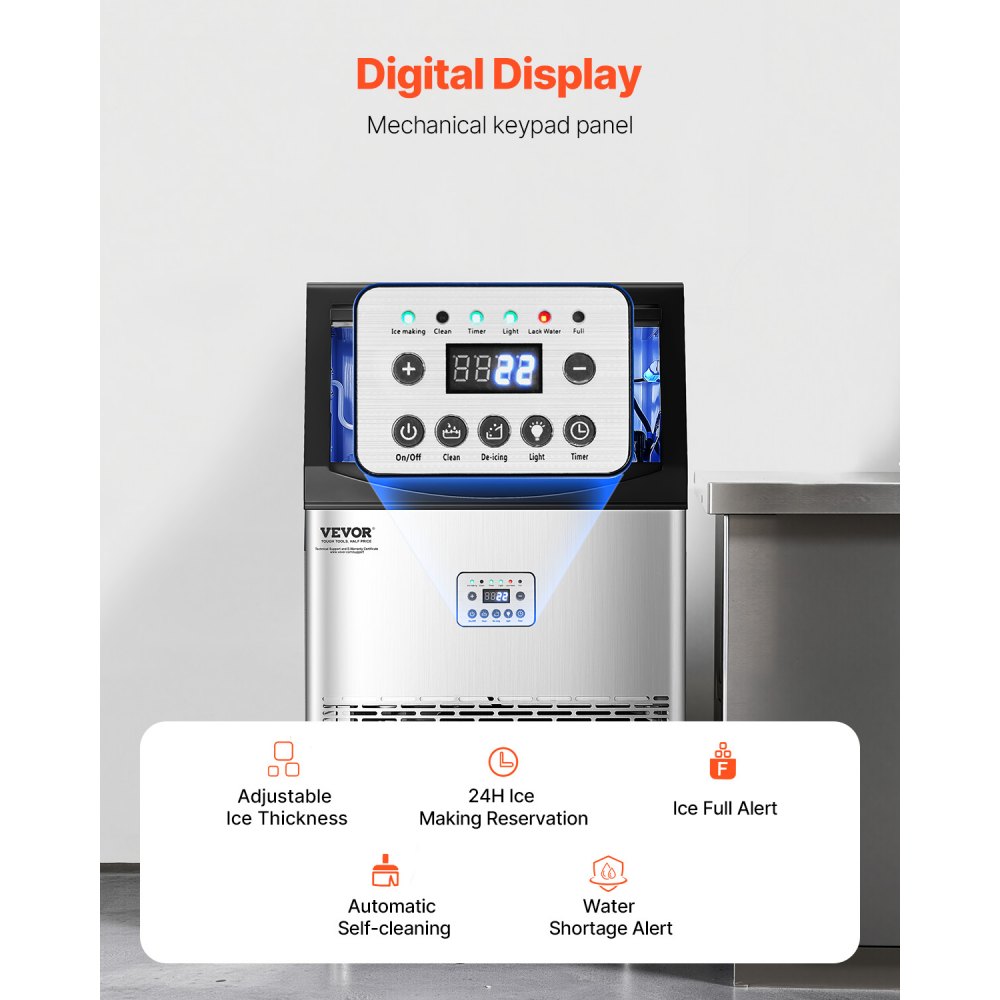 VEVOR 90lbs/24H Commercial Ice Maker Machine, 33lbs Storage Capacity Ice Maker with Drain Pump, 50 Ice Cubes in 15 Minutes, LED Digital Display Freestanding Self-Cleaning for Bar Office Restaurant