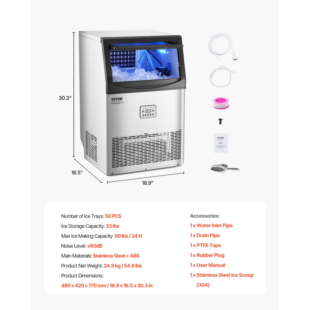 VEVOR 90lbs/24H Commercial Ice Maker Machine, 33lbs Storage Capacity Ice Maker with Drain Pump, 50 Ice Cubes in 15 Minutes, LED Digital Display Freestanding Self-Cleaning for Bar Office Restaurant