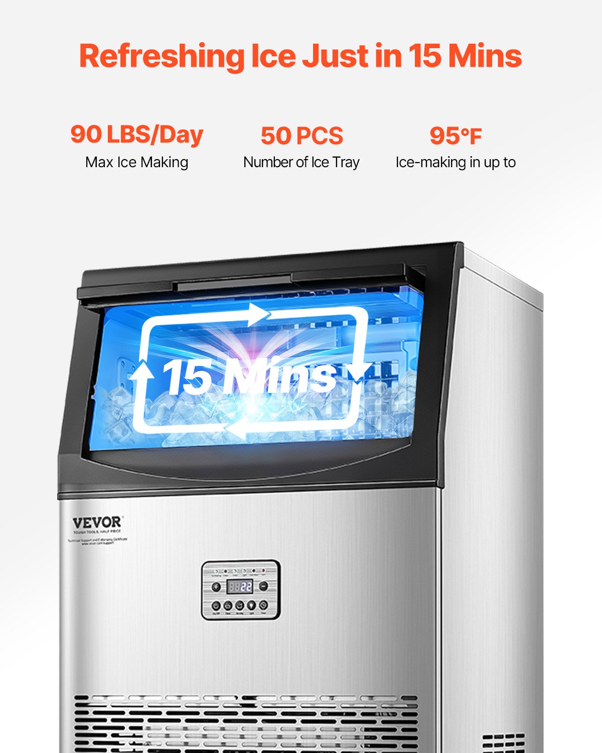 VEVOR 90lbs/24H Commercial Ice Maker Machine, 33lbs Storage Capacity Ice Maker with Drain Pump, 50 Ice Cubes in 15 Minutes, LED Digital Display Freestanding Self-Cleaning for Bar Office Restaurant