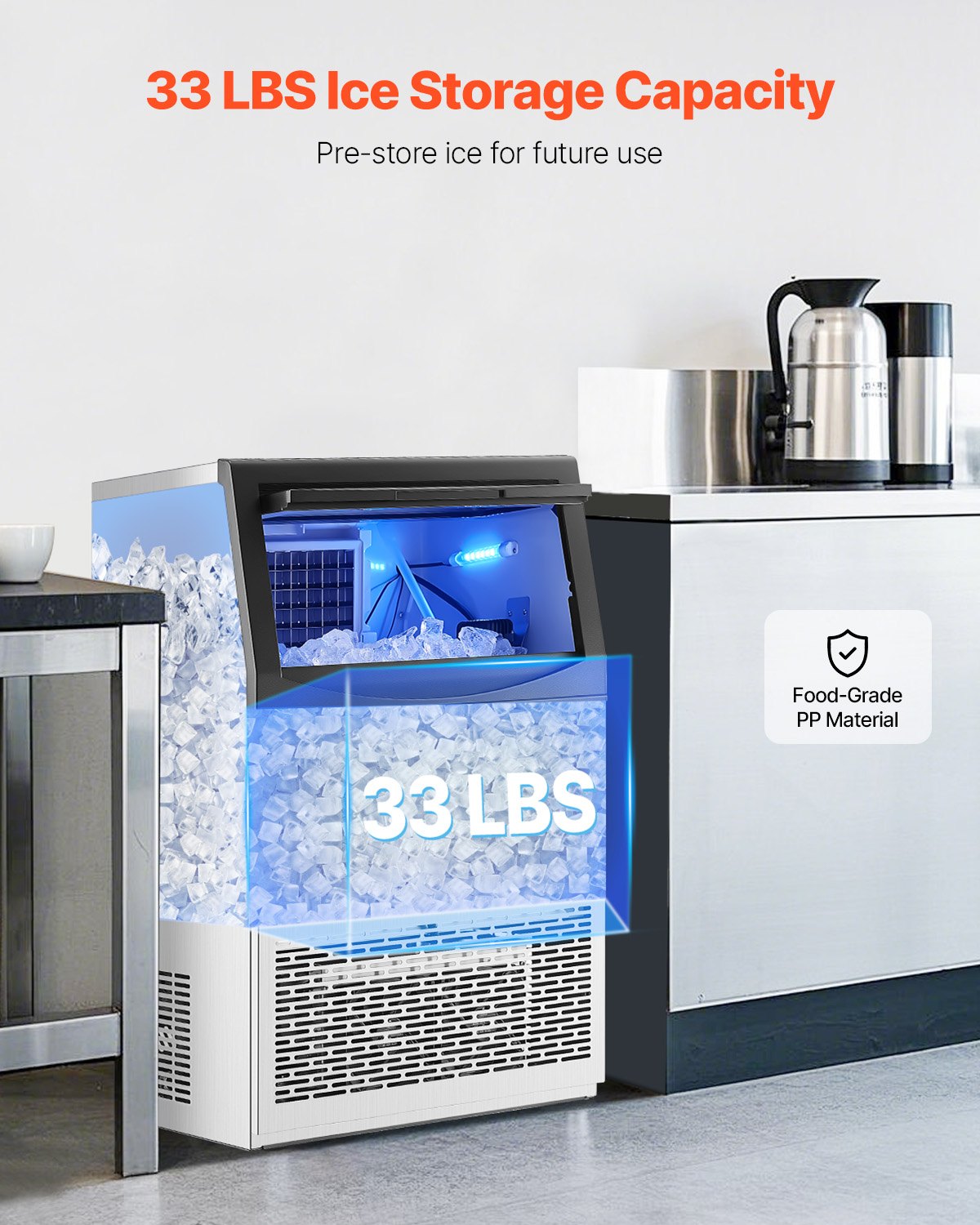 VEVOR 90lbs/24H Commercial Ice Maker Machine, 33lbs Storage Capacity Ice Maker with Drain Pump, 50 Ice Cubes in 15 Minutes, LED Digital Display Freestanding Self-Cleaning for Bar Office Restaurant