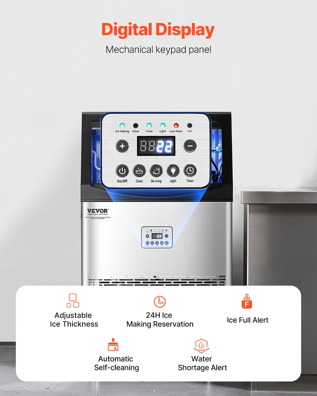 VEVOR 90lbs/24H Commercial Ice Maker Machine, 33lbs Storage Capacity Ice Maker with Drain Pump, 50 Ice Cubes in 15 Minutes, LED Digital Display Freestanding Self-Cleaning for Bar Office Restaurant