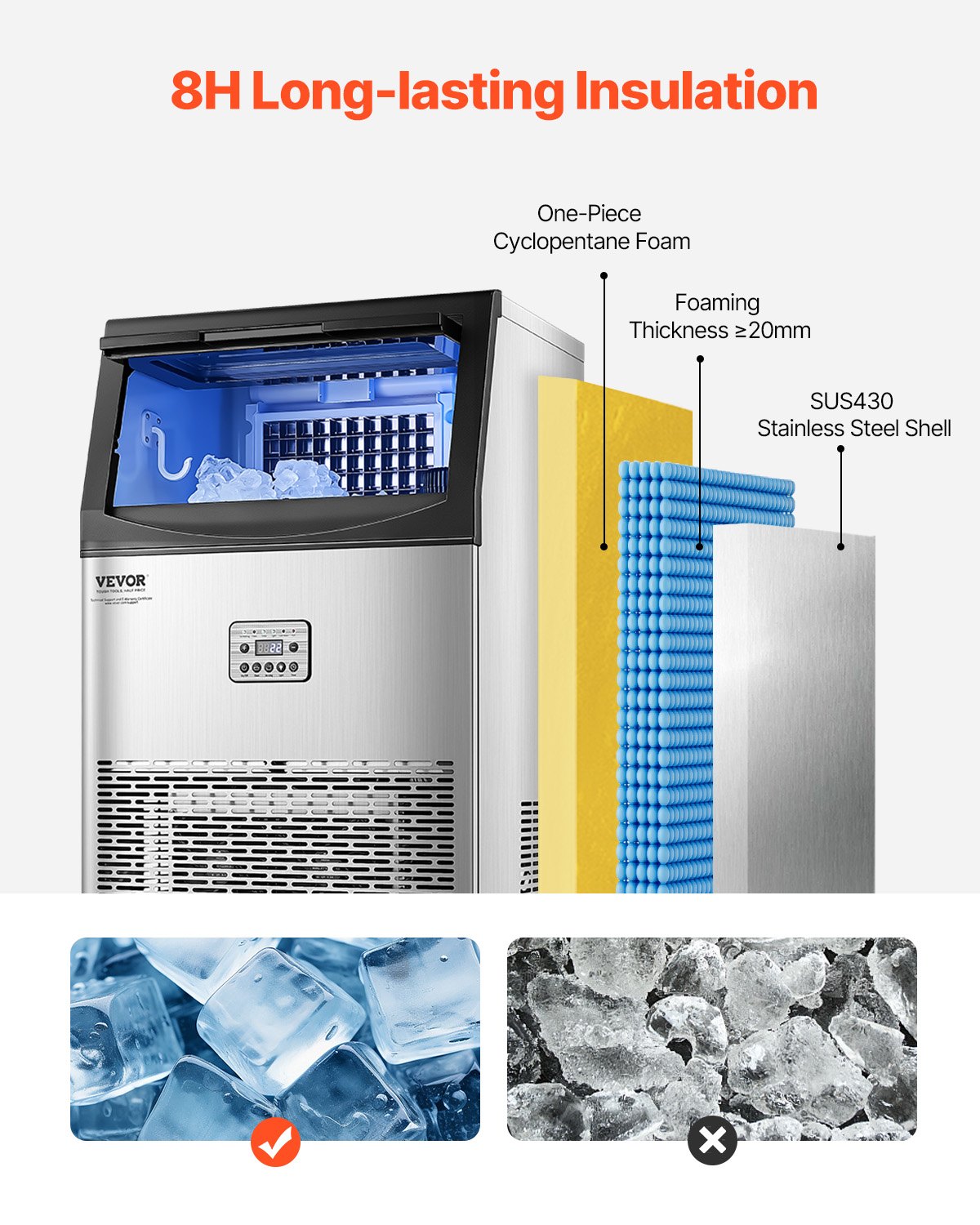 VEVOR 90lbs/24H Commercial Ice Maker Machine, 33lbs Storage Capacity Ice Maker with Drain Pump, 50 Ice Cubes in 15 Minutes, LED Digital Display Freestanding Self-Cleaning for Bar Office Restaurant