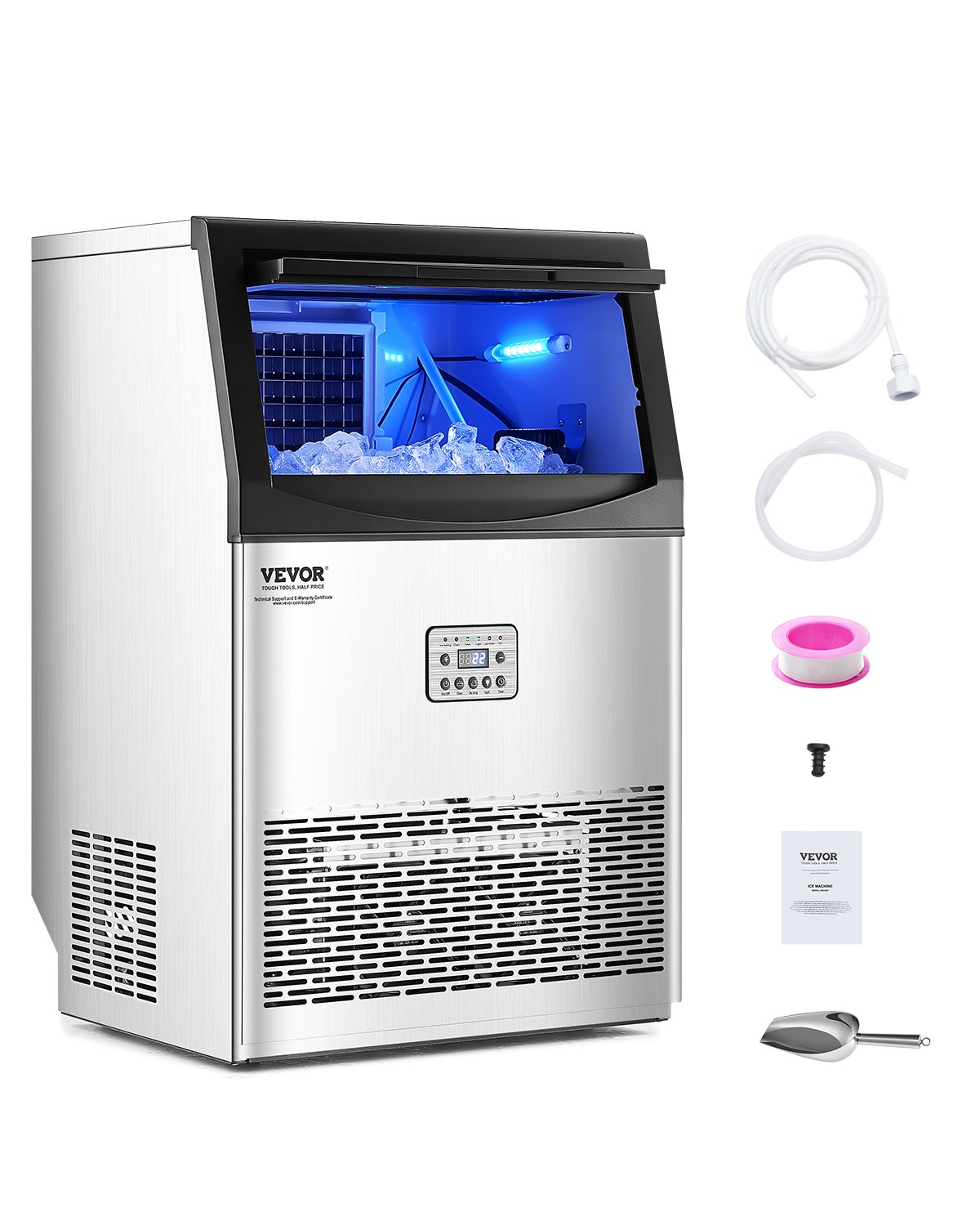 VEVOR 90lbs/24H Commercial Ice Maker Machine, 33lbs Storage Capacity Ice Maker with Drain Pump, 50 Ice Cubes in 15 Minutes, LED Digital Display Freestanding Self-Cleaning for Bar Office Restaurant