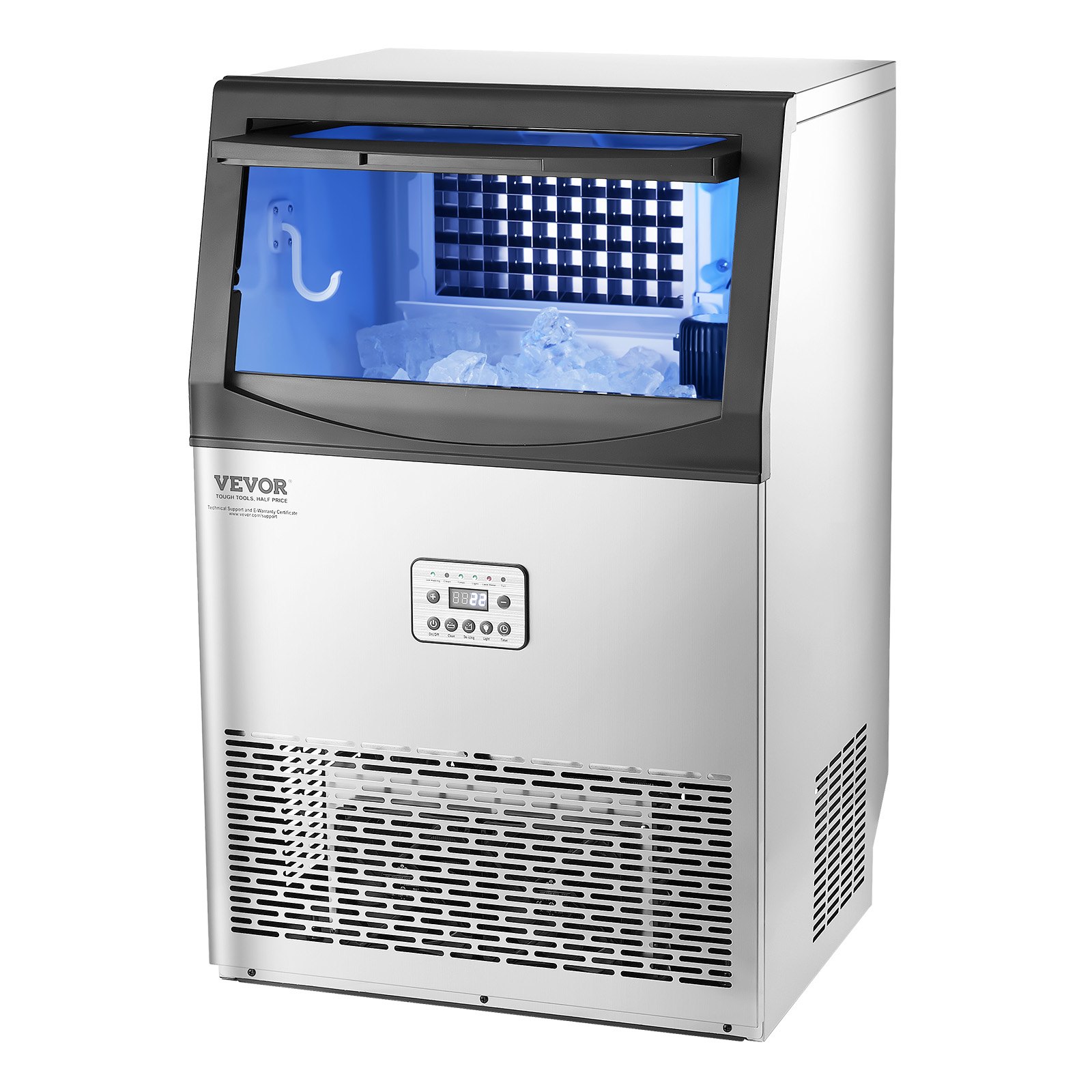 VEVOR 90lbs/24H Commercial Ice Maker Machine, 33lbs Storage Capacity Ice Maker with Drain Pump, 50 Ice Cubes in 15 Minutes, LED Digital Display Freestanding Self-Cleaning for Bar Office Restaurant