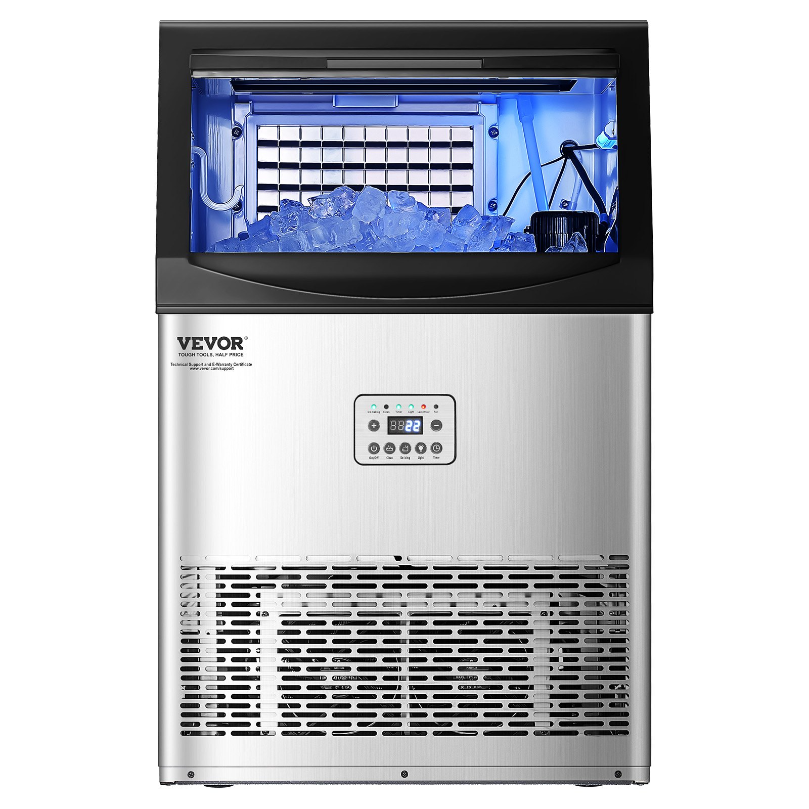 VEVOR 90lbs/24H Commercial Ice Maker Machine, 33lbs Storage Capacity Ice Maker with Drain Pump, 50 Ice Cubes in 15 Minutes, LED Digital Display Freestanding Self-Cleaning for Bar Office Restaurant