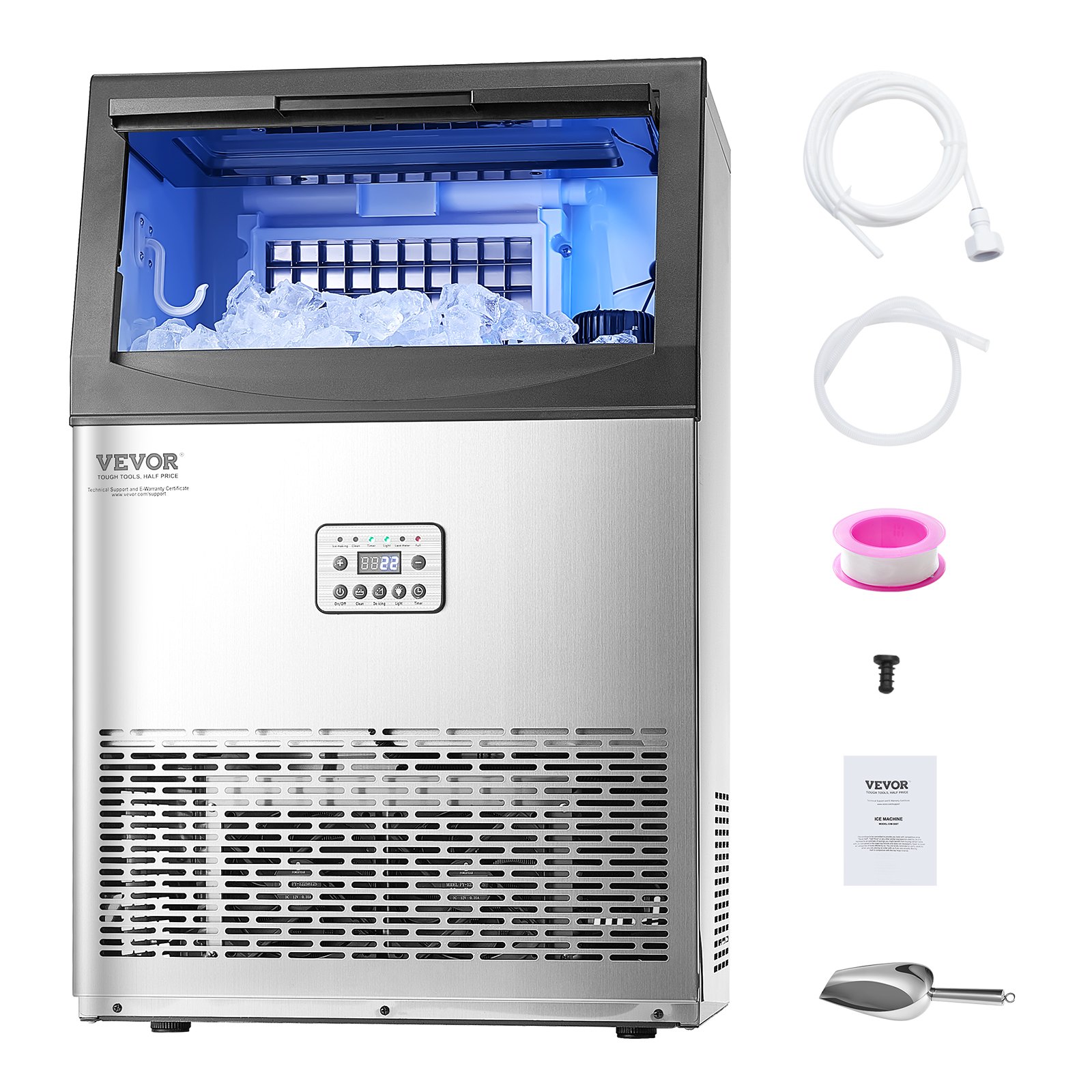 VEVOR 90lbs/24H Commercial Ice Maker Machine, 33lbs Storage Capacity Ice Maker with Drain Pump, 50 Ice Cubes in 15 Minutes, LED Digital Display Freestanding Self-Cleaning for Bar Office Restaurant