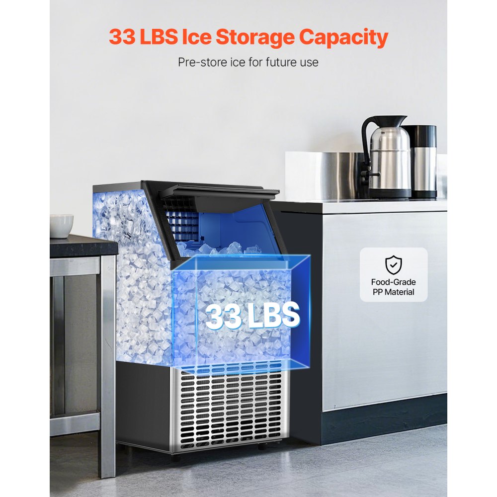 VEVOR 100lbs/24H Commercial Ice Maker Machine, 33lbs Storage Capacity Ice Maker with Drain Pump, 45 Ice Cubes in 15 Minutes, LED Digital Display Freestanding Self-Cleaning for Bar Office Restaurant