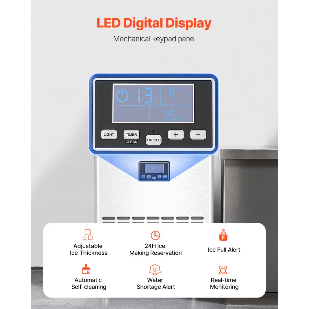 VEVOR 100lbs/24H Commercial Ice Maker Machine, 33lbs Storage Capacity Ice Maker with Drain Pump, 45 Ice Cubes in 15 Minutes, LED Digital Display Freestanding Self-Cleaning for Bar Office Restaurant
