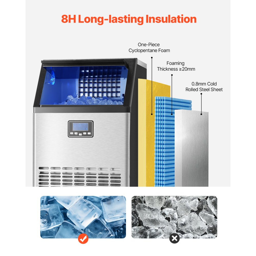 VEVOR 100lbs/24H Commercial Ice Maker Machine, 33lbs Storage Capacity Ice Maker with Drain Pump, 45 Ice Cubes in 15 Minutes, LED Digital Display Freestanding Self-Cleaning for Bar Office Restaurant