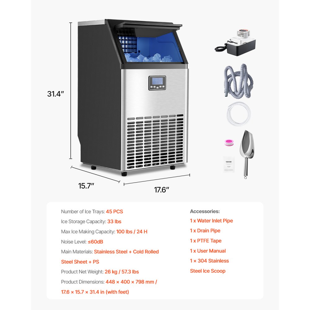 VEVOR 100lbs/24H Commercial Ice Maker Machine, 33lbs Storage Capacity Ice Maker with Drain Pump, 45 Ice Cubes in 15 Minutes, LED Digital Display Freestanding Self-Cleaning for Bar Office Restaurant