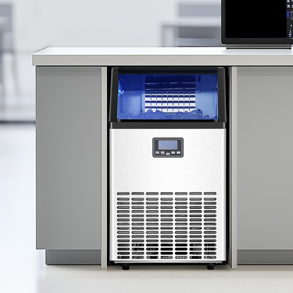 VEVOR 100lbs/24H Commercial Ice Maker Machine, 33lbs Storage Capacity Ice Maker with Drain Pump, 45 Ice Cubes in 15 Minutes, LED Digital Display Freestanding Self-Cleaning for Bar Office Restaurant