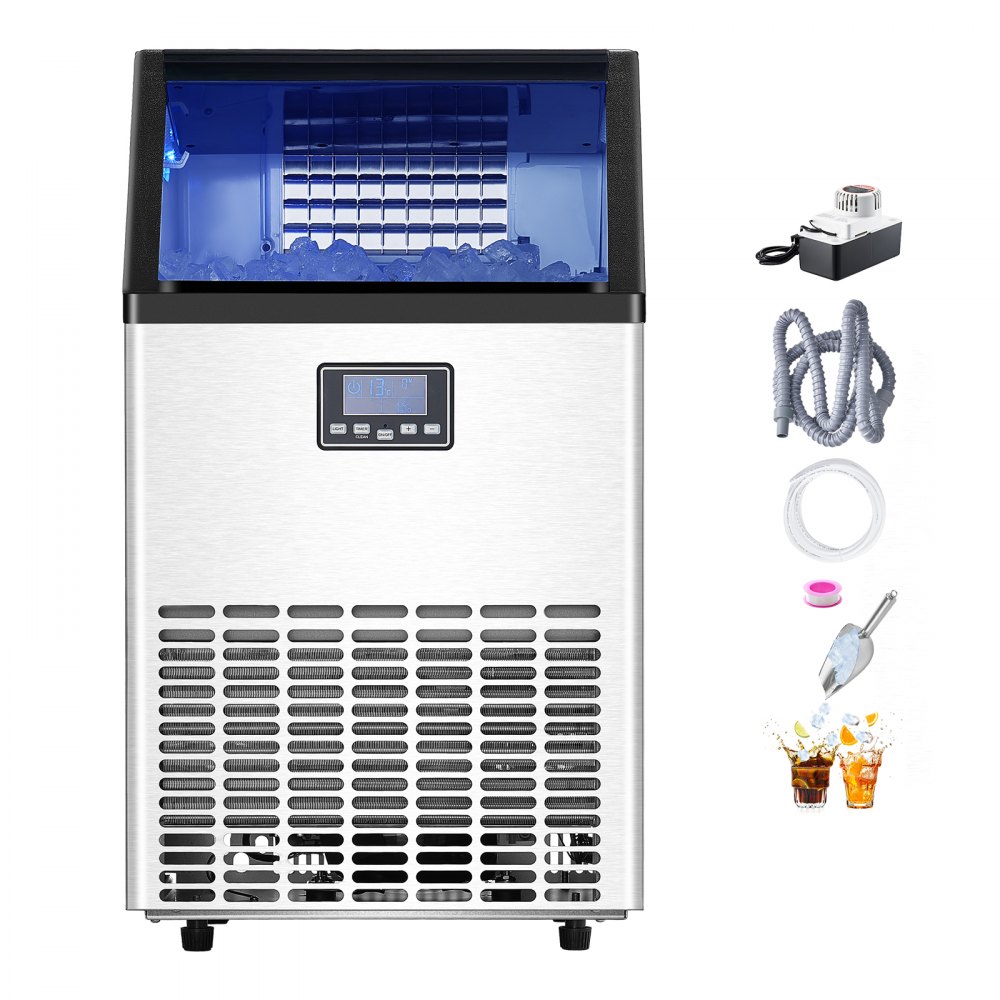 VEVOR 100lbs/24H Commercial Ice Maker Machine, 33lbs Storage Capacity Ice Maker with Drain Pump, 45 Ice Cubes in 15 Minutes, LED Digital Display Freestanding Self-Cleaning for Bar Office Restaurant