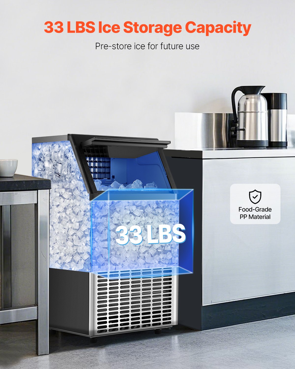 VEVOR 100lbs/24H Commercial Ice Maker Machine, 33lbs Storage Capacity Ice Maker with Drain Pump, 45 Ice Cubes in 15 Minutes, LED Digital Display Freestanding Self-Cleaning for Bar Office Restaurant