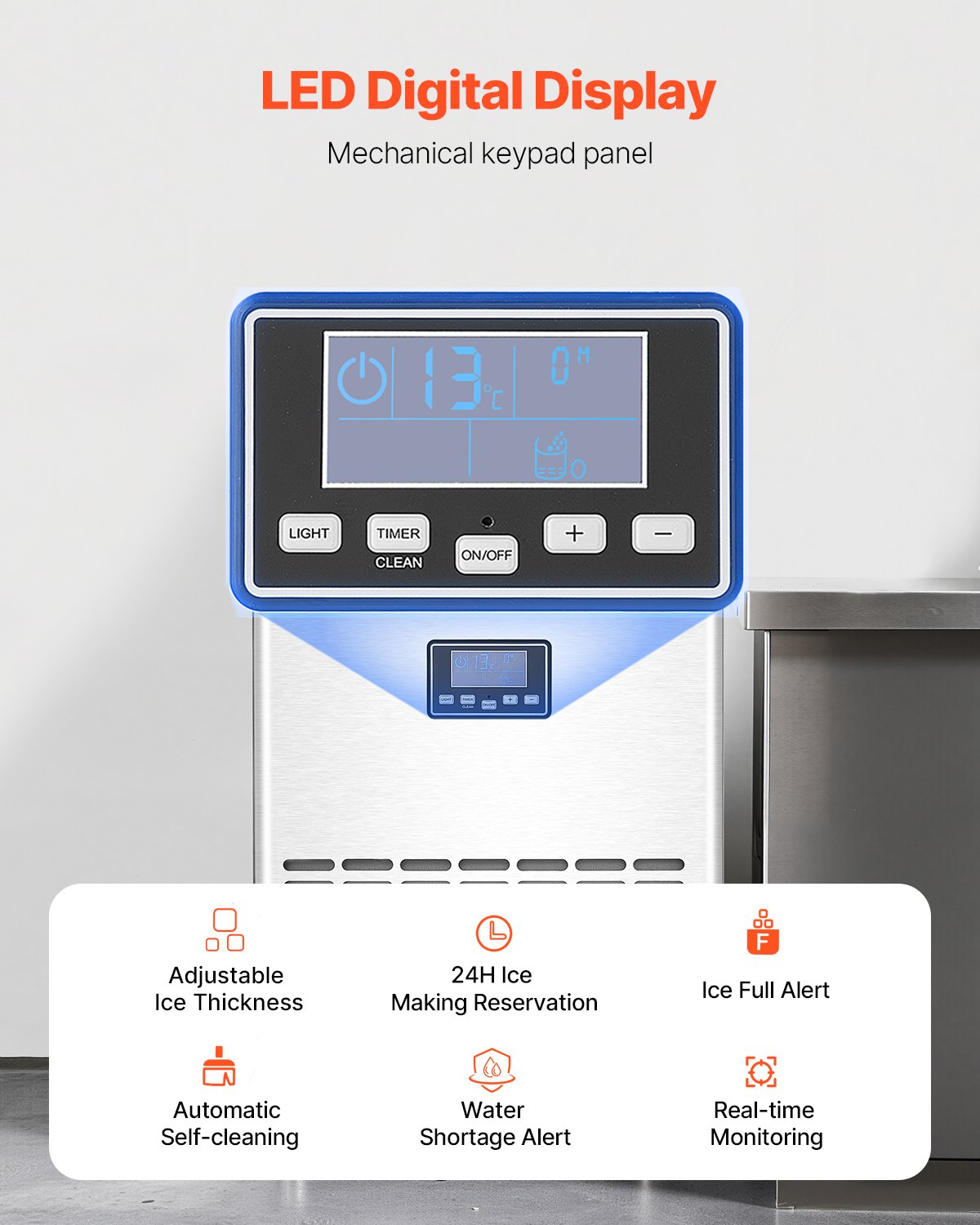 VEVOR 100lbs/24H Commercial Ice Maker Machine, 33lbs Storage Capacity Ice Maker with Drain Pump, 45 Ice Cubes in 15 Minutes, LED Digital Display Freestanding Self-Cleaning for Bar Office Restaurant