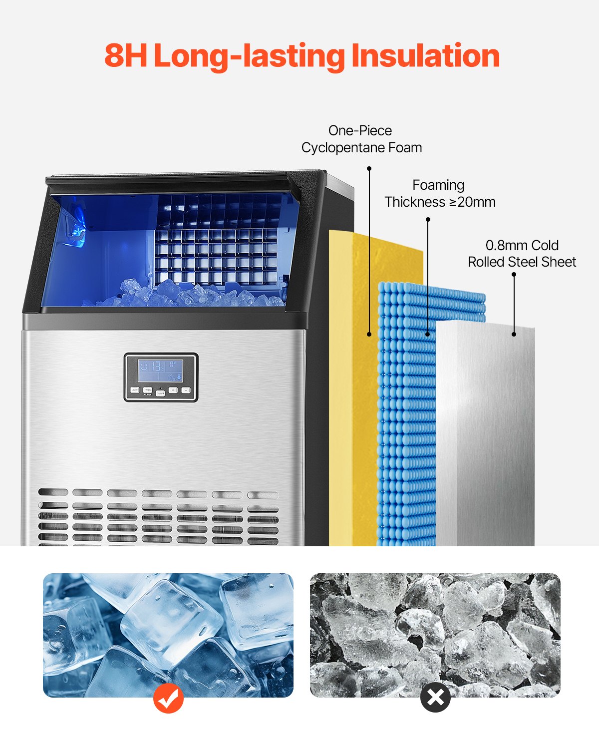 VEVOR 100lbs/24H Commercial Ice Maker Machine, 33lbs Storage Capacity Ice Maker with Drain Pump, 45 Ice Cubes in 15 Minutes, LED Digital Display Freestanding Self-Cleaning for Bar Office Restaurant