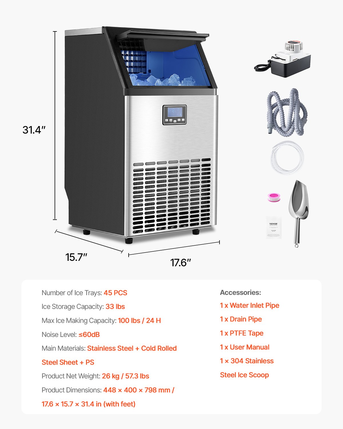 VEVOR 100lbs/24H Commercial Ice Maker Machine, 33lbs Storage Capacity Ice Maker with Drain Pump, 45 Ice Cubes in 15 Minutes, LED Digital Display Freestanding Self-Cleaning for Bar Office Restaurant