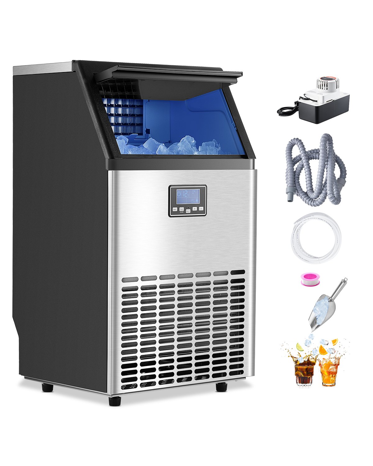 VEVOR 100lbs/24H Commercial Ice Maker Machine, 33lbs Storage Capacity Ice Maker with Drain Pump, 45 Ice Cubes in 15 Minutes, LED Digital Display Freestanding Self-Cleaning for Bar Office Restaurant