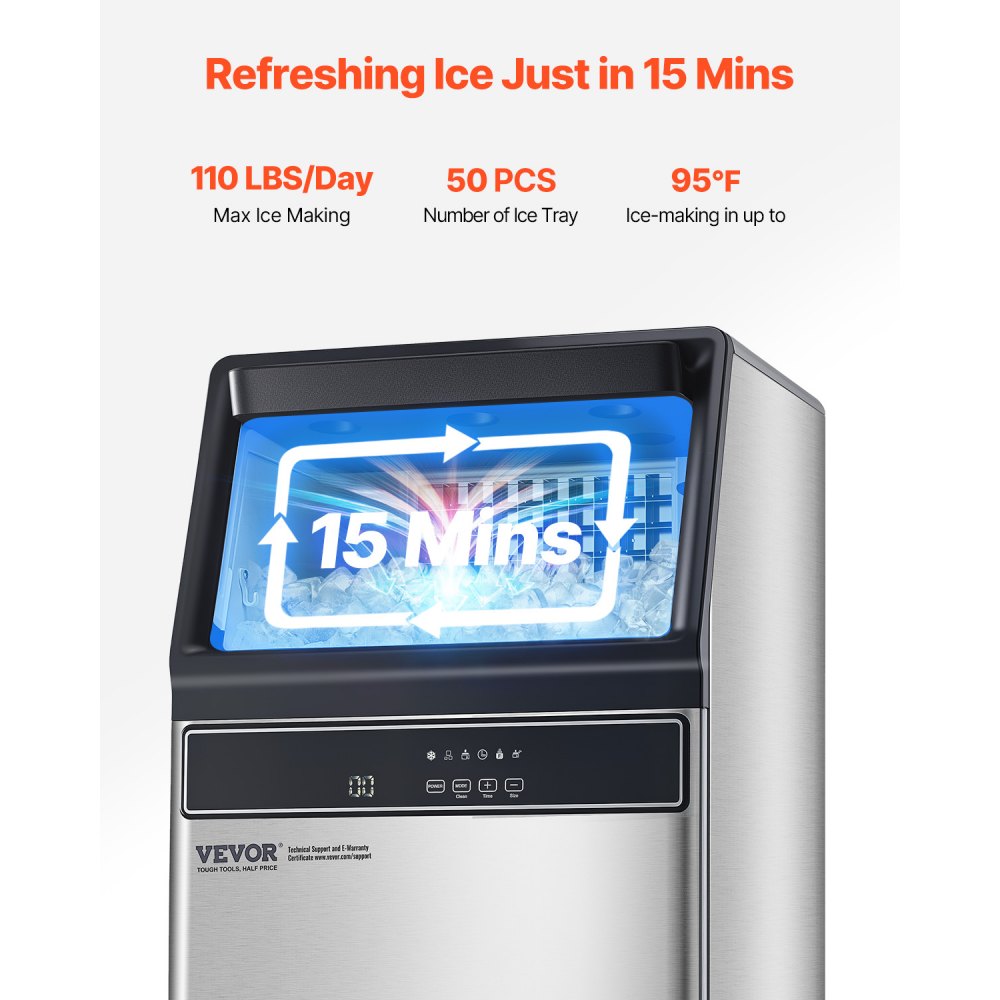 VEVOR 110lbs/24H Commercial Ice Maker Machine, 33lbs Storage Capacity Ice Maker with Drain Pump, 50 Ice Cubes in 15 Minutes, LED Digital Display Freestanding Self-Cleaning for Bar Office Restaurant