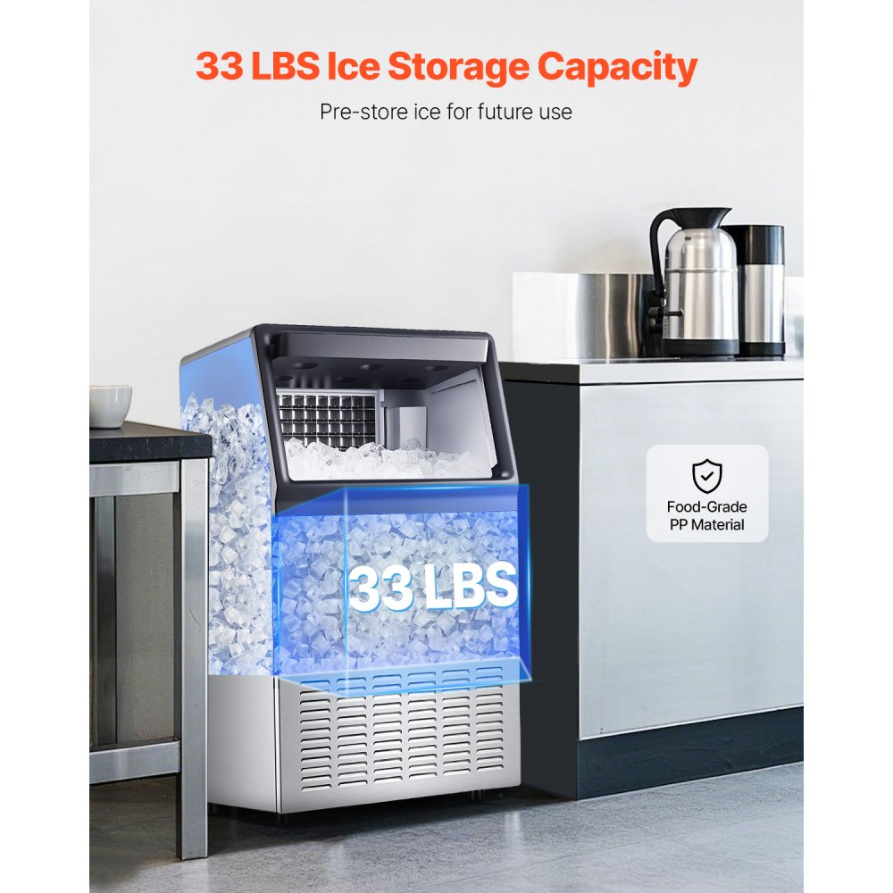 VEVOR 110lbs/24H Commercial Ice Maker Machine, 33lbs Storage Capacity Ice Maker with Drain Pump, 50 Ice Cubes in 15 Minutes, LED Digital Display Freestanding Self-Cleaning for Bar Office Restaurant