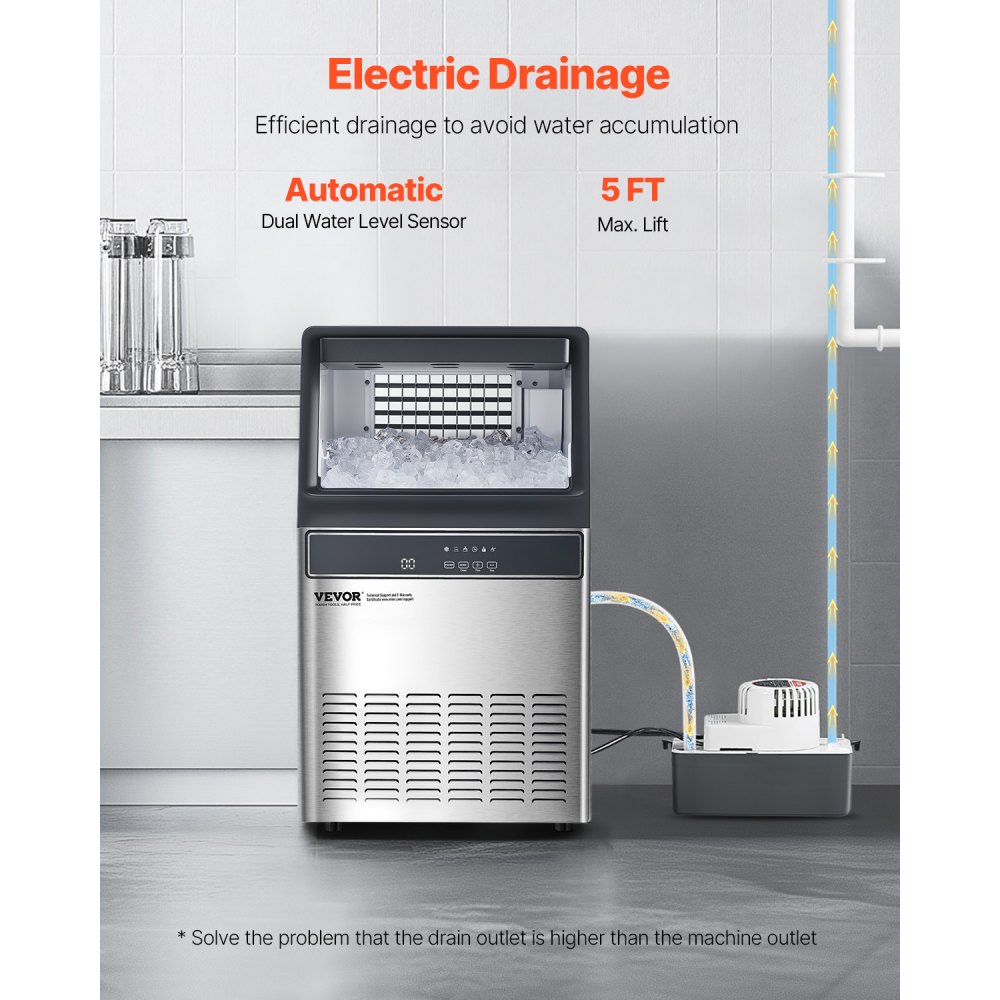 VEVOR 110lbs/24H Commercial Ice Maker Machine, 33lbs Storage Capacity Ice Maker with Drain Pump, 50 Ice Cubes in 15 Minutes, LED Digital Display Freestanding Self-Cleaning for Bar Office Restaurant
