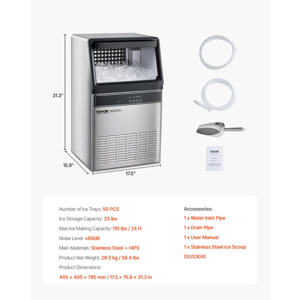 VEVOR 110lbs/24H Commercial Ice Maker Machine, 33lbs Storage Capacity Ice Maker with Drain Pump, 50 Ice Cubes in 15 Minutes, LED Digital Display Freestanding Self-Cleaning for Bar Office Restaurant