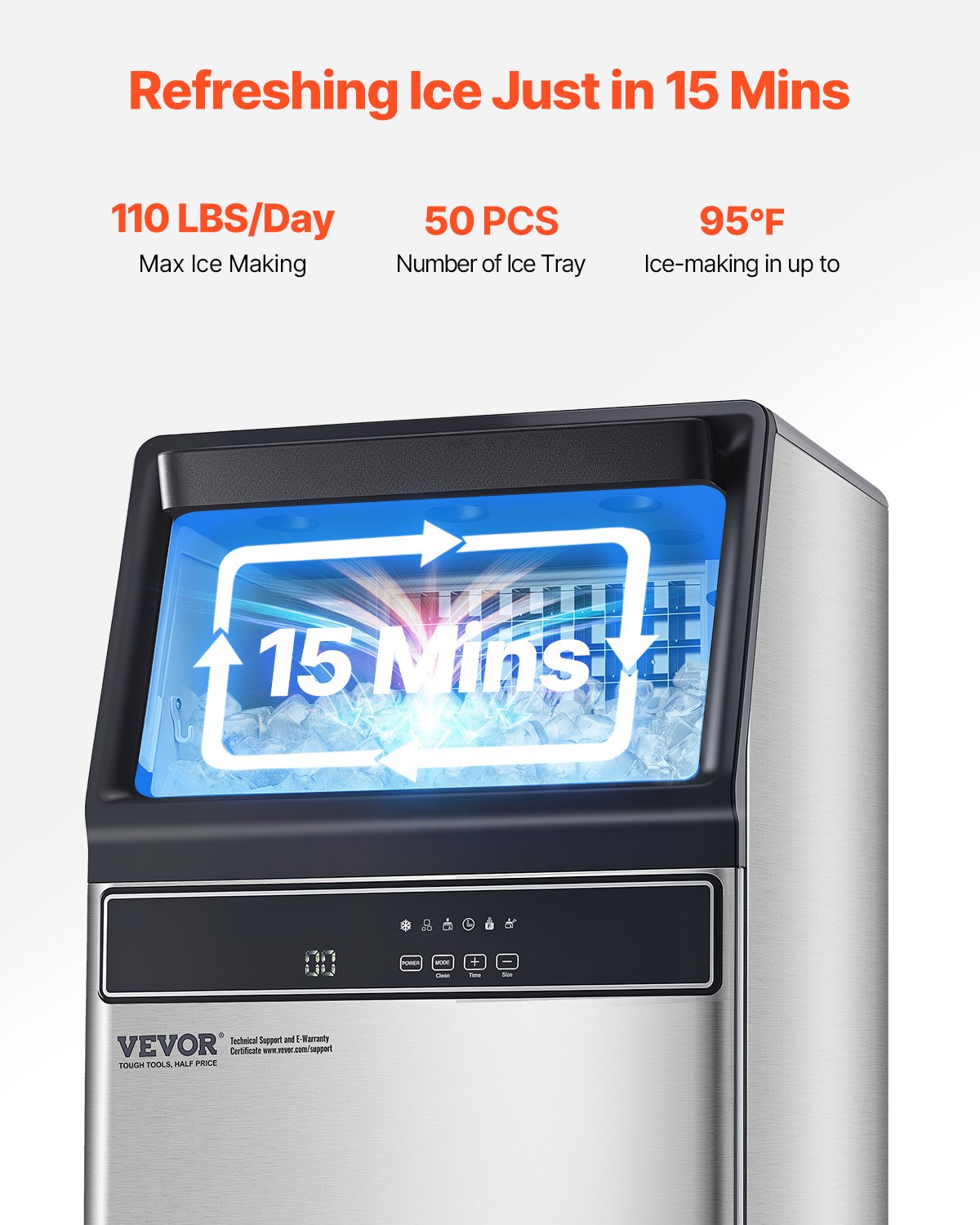 VEVOR 110lbs/24H Commercial Ice Maker Machine, 33lbs Storage Capacity Ice Maker with Drain Pump, 50 Ice Cubes in 15 Minutes, LED Digital Display Freestanding Self-Cleaning for Bar Office Restaurant