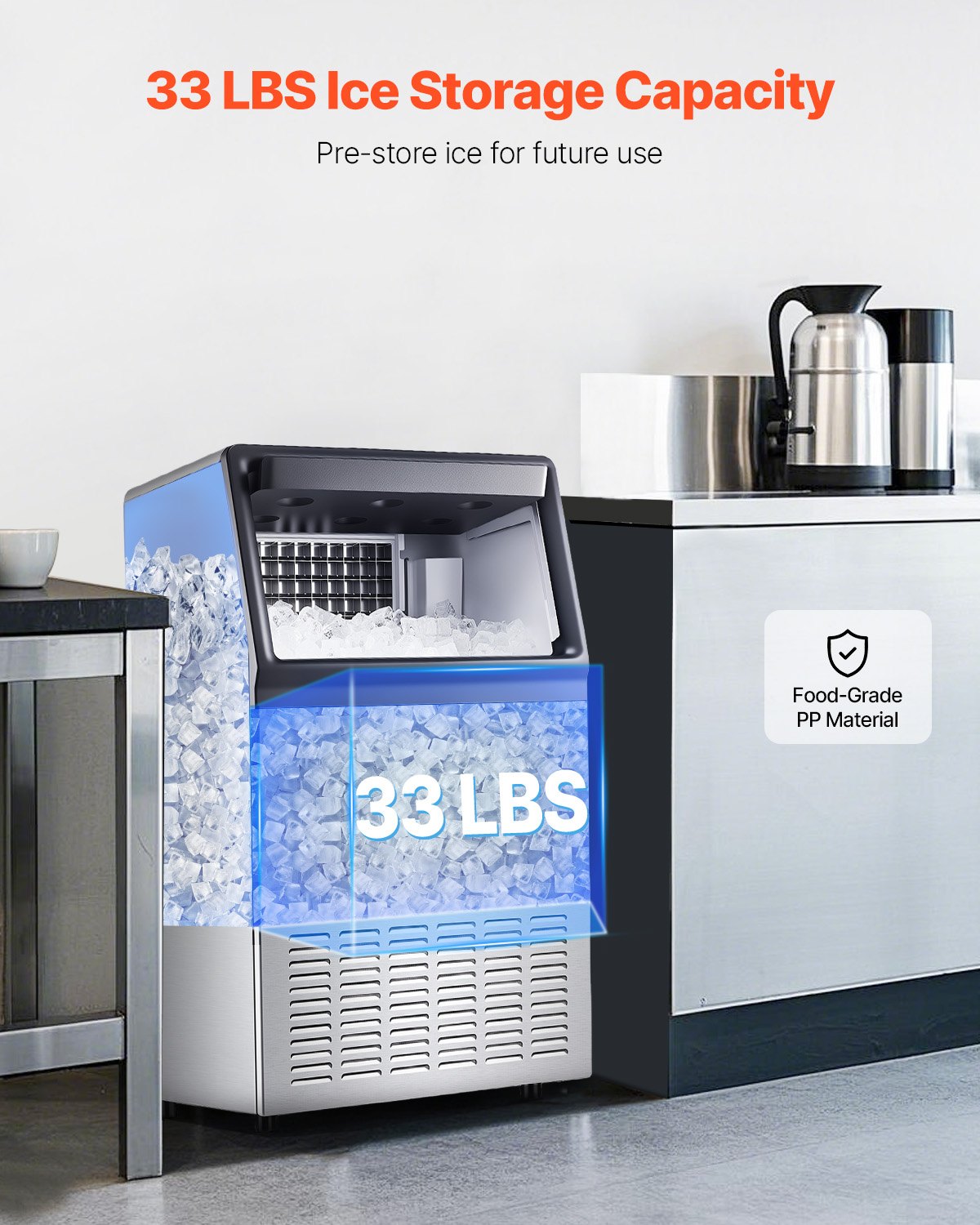 VEVOR 110lbs/24H Commercial Ice Maker Machine, 33lbs Storage Capacity Ice Maker with Drain Pump, 50 Ice Cubes in 15 Minutes, LED Digital Display Freestanding Self-Cleaning for Bar Office Restaurant