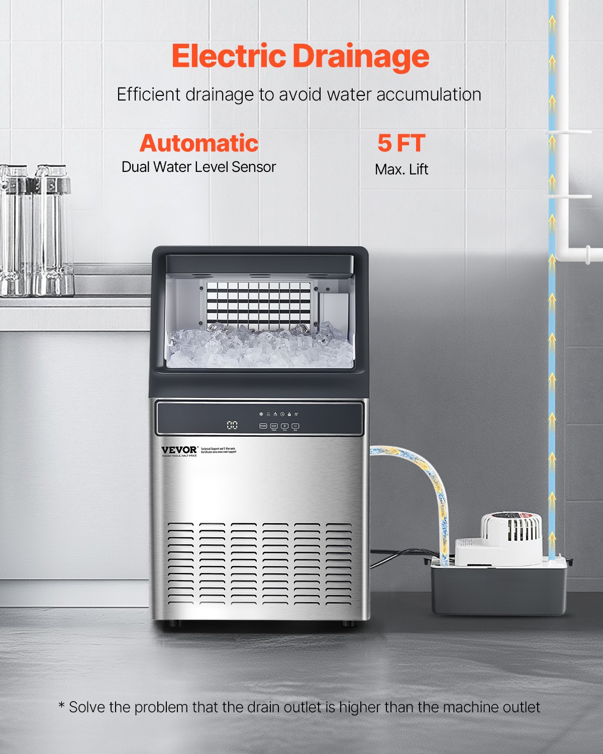 VEVOR 110lbs/24H Commercial Ice Maker Machine, 33lbs Storage Capacity Ice Maker with Drain Pump, 50 Ice Cubes in 15 Minutes, LED Digital Display Freestanding Self-Cleaning for Bar Office Restaurant