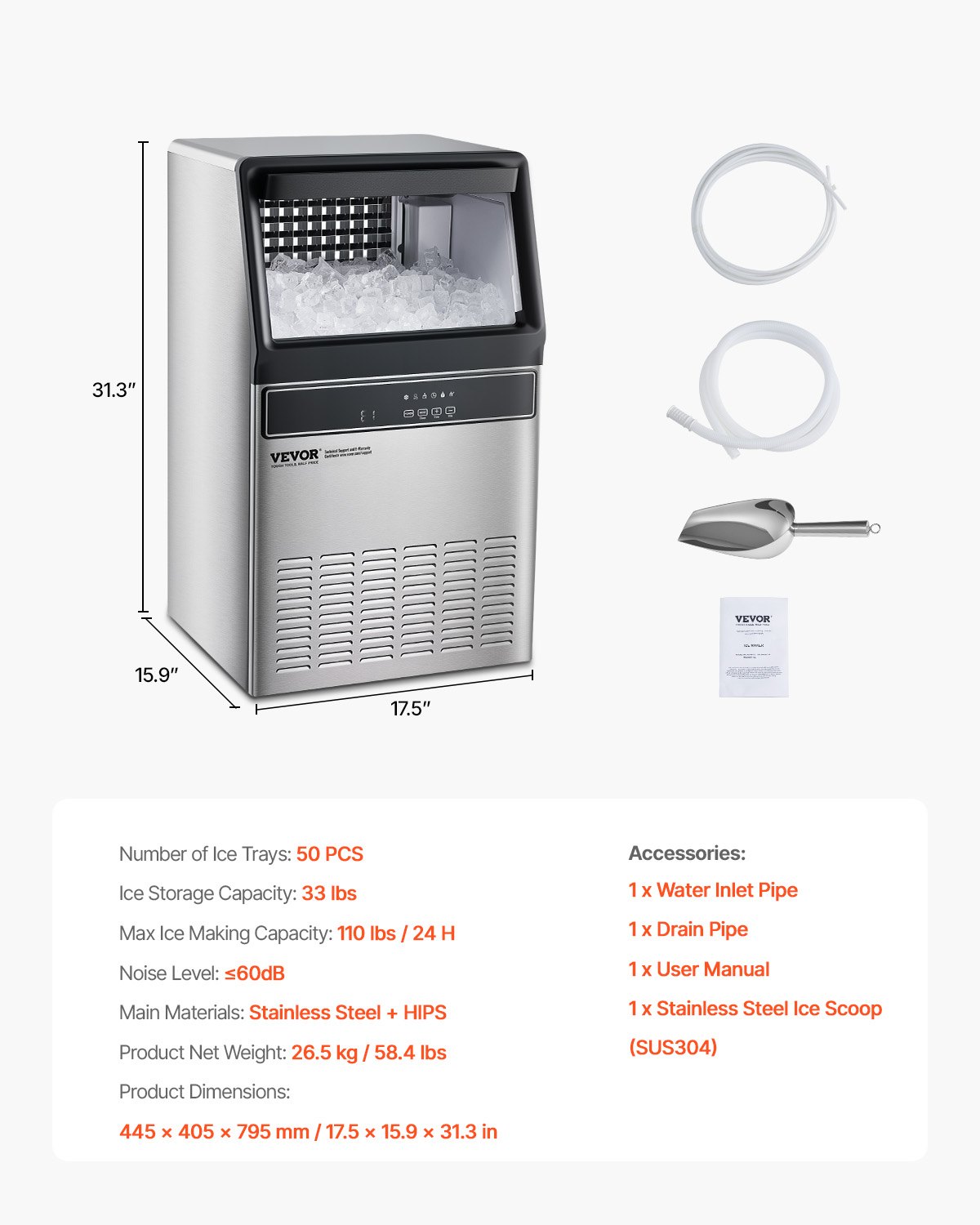 VEVOR 110lbs/24H Commercial Ice Maker Machine, 33lbs Storage Capacity Ice Maker with Drain Pump, 50 Ice Cubes in 15 Minutes, LED Digital Display Freestanding Self-Cleaning for Bar Office Restaurant