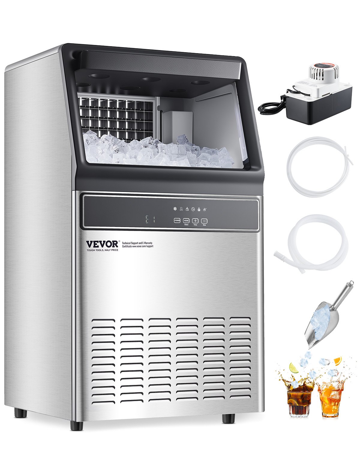 VEVOR 110lbs/24H Commercial Ice Maker Machine, 33lbs Storage Capacity Ice Maker with Drain Pump, 50 Ice Cubes in 15 Minutes, LED Digital Display Freestanding Self-Cleaning for Bar Office Restaurant