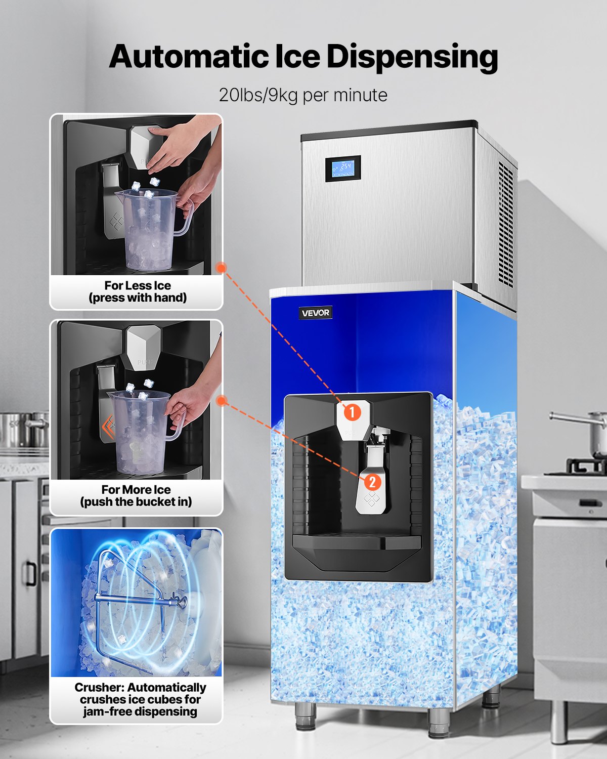 VEVOR Commercial Ice Maker, 300 Lbs/Day Ice Maker Machine, 180 Lbs Large Ice Storage Bin with 20 Lbs/Min Automatic Ice Dispensing, Self-Cleaning Ice Machine with Touchscreen for Bar, Cafe, Restaurant